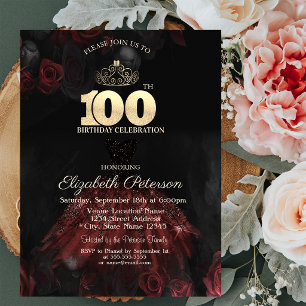 Convite Vestido,Tiara,Rosas Vermelhas 100º Aniversário