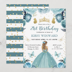 Convite Vestido Turquesa Cabelo Loiro Princesa Aniversário