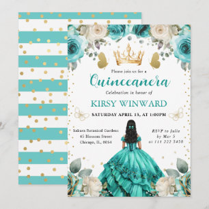 Convite Vestido Turquesa Cabelo Preto Princesa Quinceanera