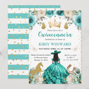 Convite Vestido Turquesa Cabelo Preto Princesa Quinceanera