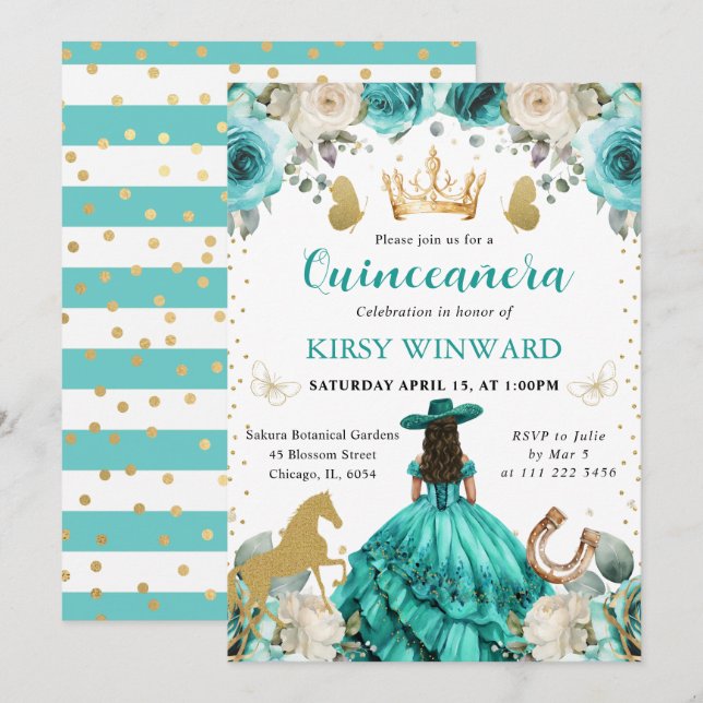 Convite Vestido Turquesa Morena Princesa Quinceanera (Frente/Verso)
