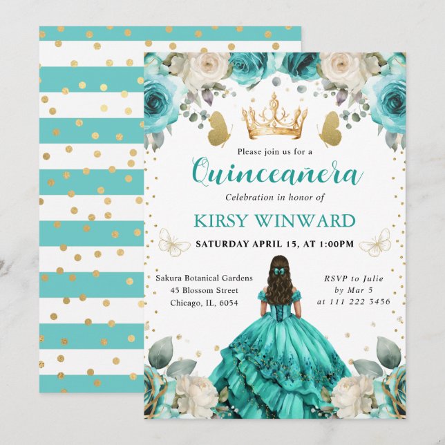 Convite Vestido Turquesa Morena Princesa Quinceanera (Frente/Verso)