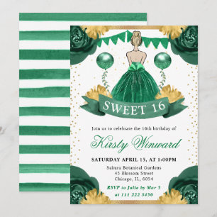 Convite Vestido Verde Aquarela Princesa Loira Sweet 16
