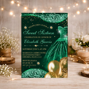 Convite Vestido Verde & Balões de Brilho Dourado Doce 16