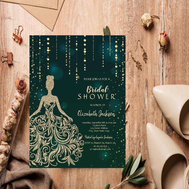 Convite Vestido Verde com Brilho Dourado Chic Chá de Bebê  (Criador carregado)