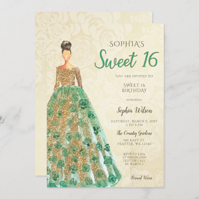 Convite Vestido Verde Dourado Doce Doce 16 anos (Frente/Verso)