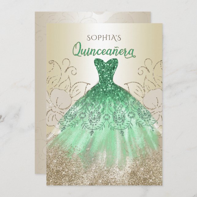 Convite Vestido Verde Dourado Quinceañera Quince (Frente/Verso)