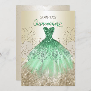 Convite Vestido Verde Dourado Quinceañera Quince