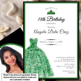 Convite Vestido verde esmeralda elegante para debut de 18