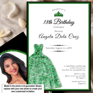 Convite Vestido verde esmeralda elegante para debut de 18