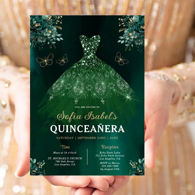 Convite Vestido Verde Esmeralda Floral Aniversário de Quin (Criador carregado)