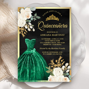 Convite Vestido Verde Esmeralda Floral Preto Dourado Quinc