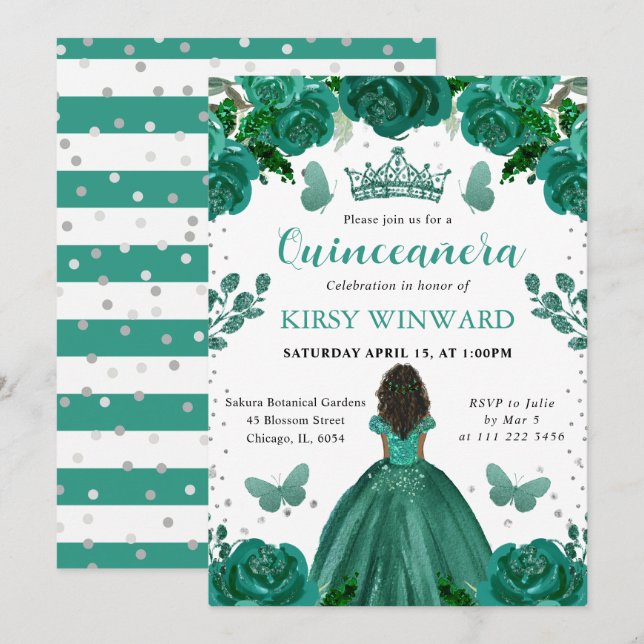 Convite Vestido Verde Esmeralda Princesa de Pele Morena Qu (Frente/Verso)