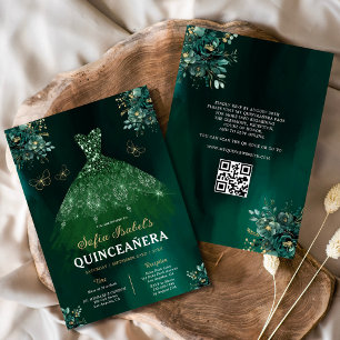 Convite Vestido Verde Floral Código QR Quinceanera