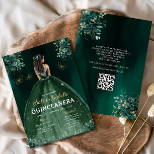 Convite Vestido Verde Floral Código QR Quinceanera