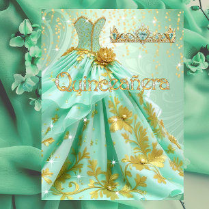 Convite Vestido Verde-Menta Dourado Festa de Aniversário d