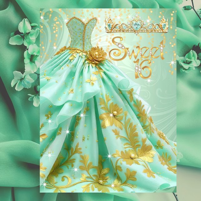 Convite Vestido Verde-Menta Dourado para Festa de Aniversá (Criador carregado)