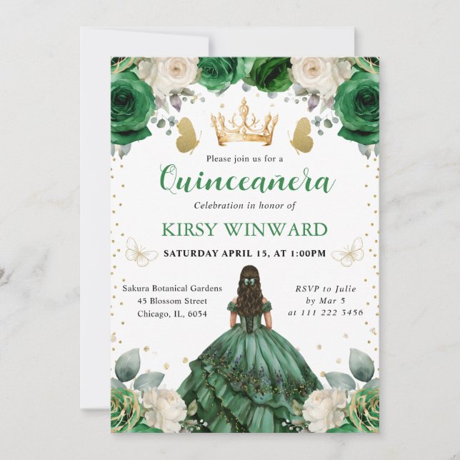 Convite Vestido Verde Princesa do Oeste Quinceanera (Frente)