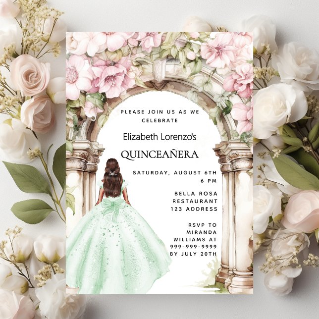 Convite Vestido verde rosa para flores Quinceanera (Criador carregado)