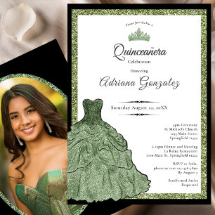 Convite Vestido Verde Sage e Tiara Personalizado Foto Quin