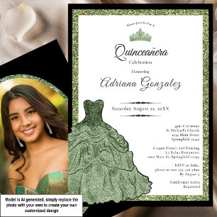 Convite Vestido Verde Sage e Tiara Personalizado Foto Quin