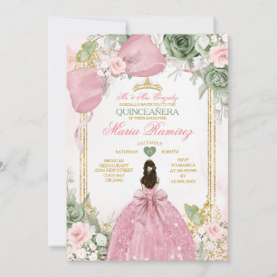 Convite Vestido Verde Sage Floral Rosa Princesa Quinceañer
