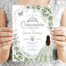 Vestido Verde Sage Prata para Quinceanera Floral