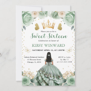 Convite Vestido Verde Sage Princesa de Cabelo Preto Sweet