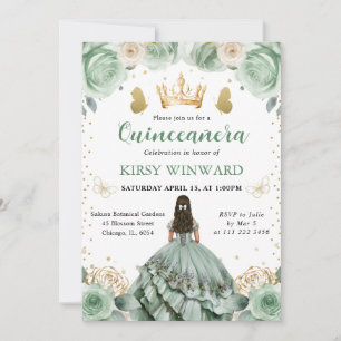 Convite Vestido Verde Sage Princesa Morena Quinceanera