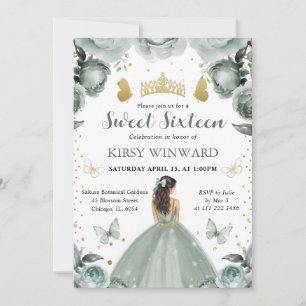 Convite Vestido Verde Sage Princesa Morena Sweet 16