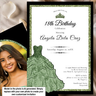 Convite Vestido Verde Sálvia e Tiara 18º Aniversário Debut