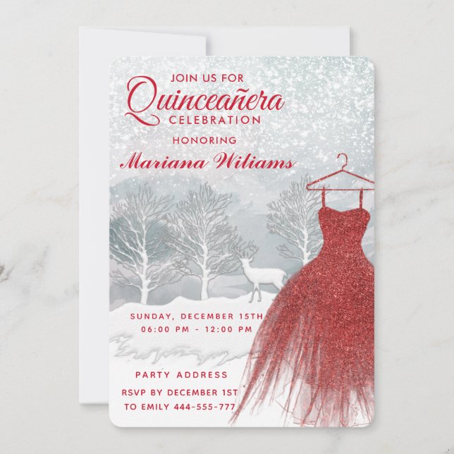 Convite Vestido vermelho de inverno em aquañera Quinceañer (Frente)