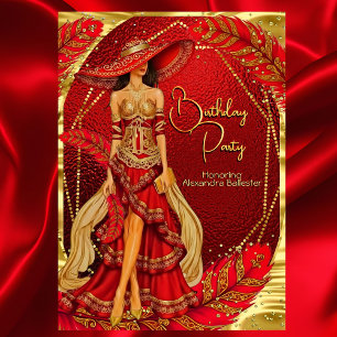 Convite Vestido Vermelho Dourado Exótico Deslumbrante Pena