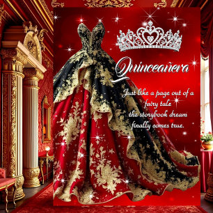 Convite Vestido Vermelho Dourado Preto Festa de Aniversári