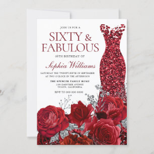 Convite Vestido vermelho e Rosas 60ª Festa de aniversário