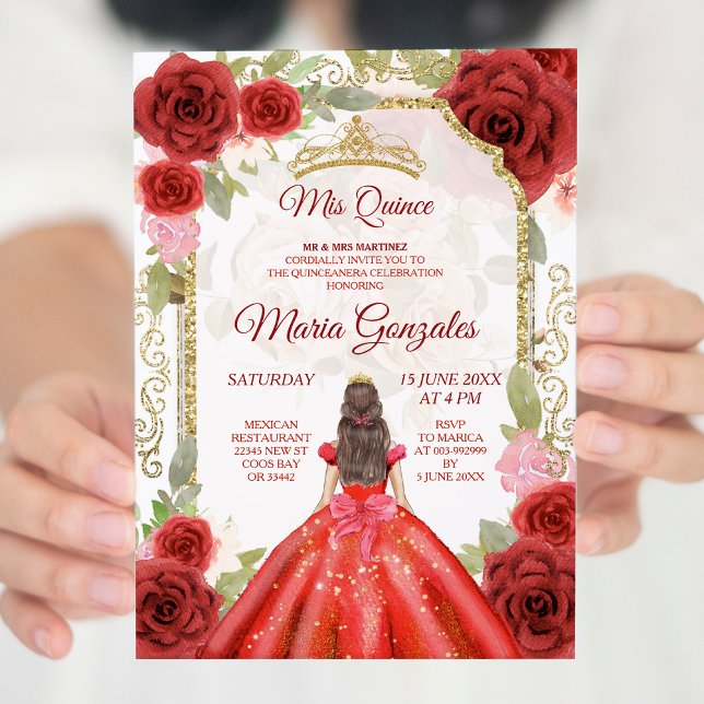 Convite Vestido Vermelho e Rosas Quinceanera Mexicano Conv (Criador carregado)