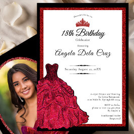 Convite Vestido Vermelho e Tiara Debut de 18 Anos
