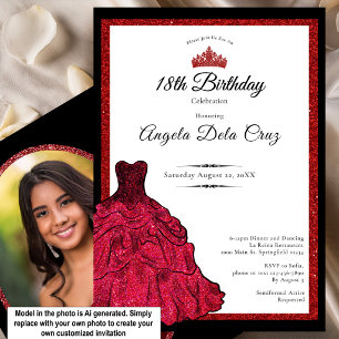 Convite Vestido Vermelho e Tiara Debut de 18 Anos
