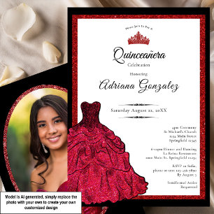 Convite Vestido Vermelho e Tiara Foto Personalizada Quince