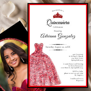 Convite Vestido vermelho elegante 15º aniversário Quincean