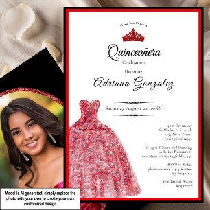 Convite Vestido vermelho elegante 15º aniversário Quincean