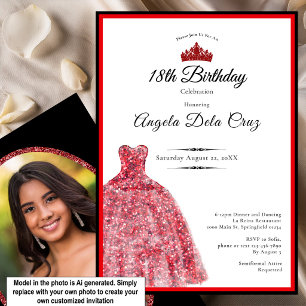 Convite Vestido vermelho elegante debut de 18 anos