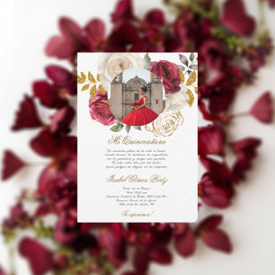 Convite Vestido vermelho Quinceanera com imagem em espanho