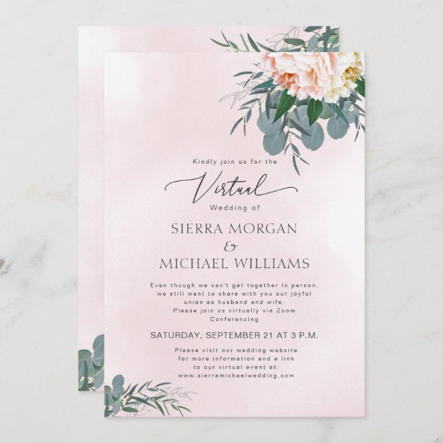 Convite Vestido Virtual Blush Pink Peony Watercolor (Frente/Verso)