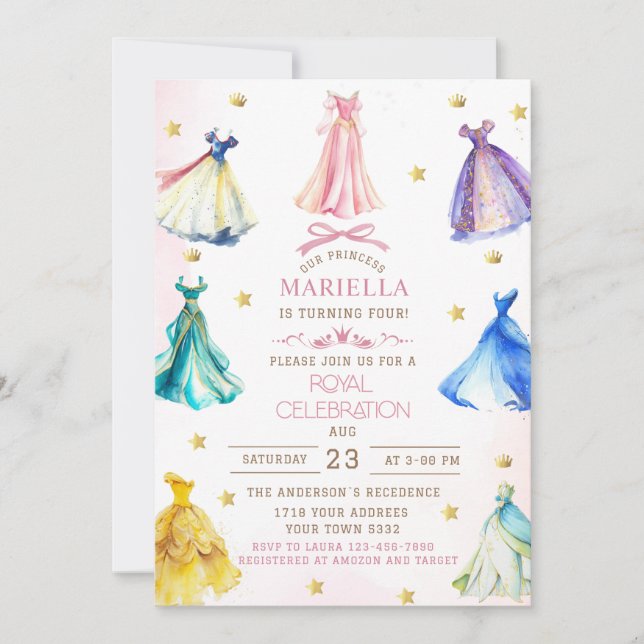Convite Vestidos de princesa modernos aquarela menina real (Frente)