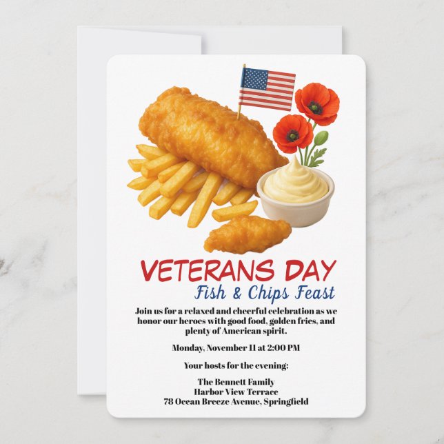 Convite Veterans Day | Fish and chips Celebration (Frente)