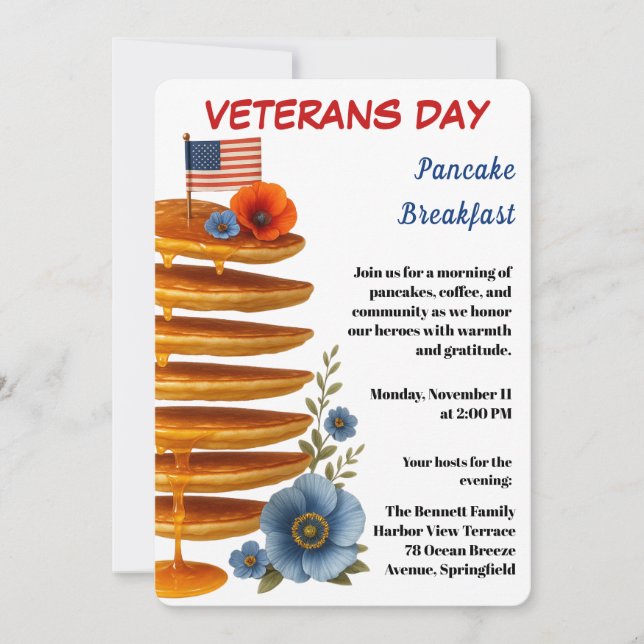 Convite Veterans Day | Pancake Breakfast Celebration (Frente)