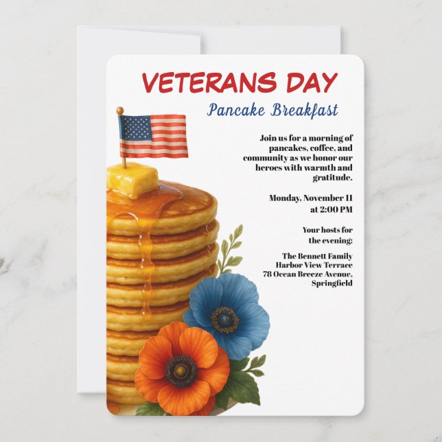 Convite Veterans Day | Pancake Breakfast Celebration (Frente)