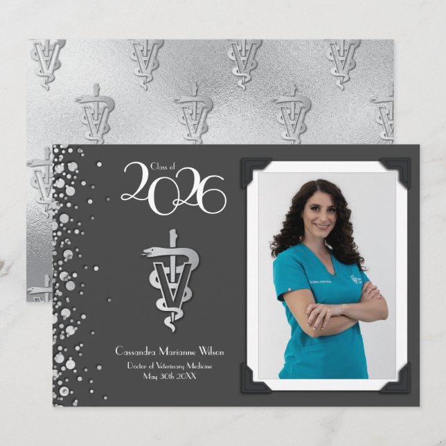 Convite Veterinarian Graduation Grey Silver Announcement (Frente/Verso)