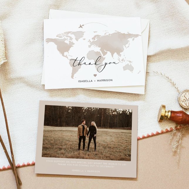 Convite VIAGEM CARMEN Adventure Beige Map Foto Muito Obrig (Criador carregado)